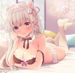  1girl animal_ears arm_under_breasts bangs bare_shoulders black_bra black_neckwear blush bow bowtie bra breasts cleavage collar commentary_request feet_up frilled_bra frilled_panties frills garter_straps hair_ribbon indoors long_hair looking_at_viewer lying medium_breasts no_shoes on_bed on_stomach original panties pillow pink_ribbon purple_eyes ribbon sakura_(ichisakupink) smile solo strap_slip tail the_pose thighhighs underwear white_collar white_hair white_legwear white_panties 