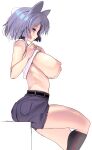  1girl absurdres animal_ears argyle argyle_legwear belt black_legwear blue_eyes breasts grey_hair highres huge_breasts kneehighs looking_at_viewer masao nipples open_mouth original photoshop_(medium) profile revision shirt_lift short_hair shorts simple_background sitting sleeveless solo white_background 