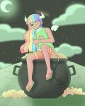  1girl absurdres cloud clover crescent_moon demon_tail halo highres horns long_hair moon multicolored_hair night night_sky original rainbow rainbow_hair rap_(thisisrap44) saint_patrick&#039;s_day self_upload sitting sky solo star_(sky) starry_sky tail 