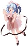  1girl :d \||/ absurdres bangs black_footwear black_ribbon blue_eyes blue_hair blush bobby_socks bow breasts buttons commentary_request dress eyebrows_behind_hair frills full_body hair_between_eyes hair_bow hands_up highres housulu looking_at_viewer mai_(touhou) open_mouth petticoat pink_bow pink_dress puffy_short_sleeves puffy_sleeves ribbon short_hair short_sleeves simple_background small_breasts smile socks solo standing standing_on_one_leg touhou touhou_(pc-98) white_background white_legwear 