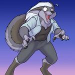  anthro barefoot canid canine canis clothed clothing feet female foxenawolf fur gradient_background grey_body grey_fur hair hi_res lyca_(tempestryder) mammal open_mouth pawpads simple_background solo white_hair wolf 