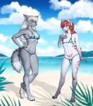  absurd_res aisen amputee anthro athletic beach bikini breasts camel_toe canid canine canis clothed clothing crossdressing digitigrade disability domestic_dog duo eye_patch eyewear female flaccid fur genitals girly grey_body grey_fur hair hi_res husky larger_female male mammal markings mokaru nordic_sled_dog nude outside penis pipyaka pussy red_eyes red_hair seaside size_difference skimpy smaller_male spitz summer swimwear tattoo tongue tongue_out white_body white_fur white_hair wolf yalien yellow_eyes 