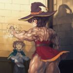  1boy 1girl :i brown_hair capelet hands_together hat kono_subarashii_sekai_ni_shukufuku_wo! megumin muscular muscular_female satou_kazuma short_hair strong sweatdrop torn_clothes wall_slam witch_hat yilx 