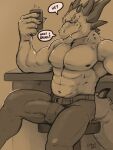  2021 abs anthro biceps bottomwear bulge clothed clothing denim denim_clothing dragon fangs grin hi_res horn jeans lilshark looking_at_viewer male monochrome nipples pants pecs scalie sepia signature sitting smile solo speech_bubble topless 