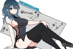  1girl alternate_costume black_dress black_legwear blue_eyes blue_hair blue_nails breasts byleth_(fire_emblem) byleth_(fire_emblem)_(female) china_dress chinese_clothes closed_mouth commentary_request crossed_legs dress earrings fire_emblem fire_emblem:_three_houses grey_background grey_footwear hair_between_eyes hair_ornament hand_on_own_knee high_heels highres ijiro_suika jewelry large_breasts long_hair looking_at_viewer nail_polish sideboob simple_background sitting sleeveless sleeveless_dress smile solo thighhighs thighs twitter_username white_background 