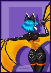  &lt;3 abstract_background aluxander01 anthro bat_wings black_body black_eyes blue_hair bone breasts butt butt_focus chiropteran clothing female hair legwear looking_at_viewer mammal markings mask membrane_(anatomy) membranous_wings multicolored_body nude pentagram purple_background purple_sclera simple_background skull_mask solo stockings tattoo text translucent translucent_wings white_body wings 