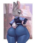  2021 absurd_res anthro big_butt bottomwear breasts bulletproof_vest butt clothed clothing denim denim_clothing disney female grey_body hands_on_hips hi_res huge_butt jeans judy_hopps lagomorph leporid looking_at_viewer looking_back looking_back_at_viewer mammal pants police_uniform portrait purple_eyes rabbit short_stack signature solo standing thick_thighs three-quarter_portrait tight_clothing toto_draw uniform wide_hips zootopia 