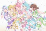  5girls :d ^_^ bang_dream! bangs blonde_hair blue_ribbon blush braid brown_hair closed_eyes closed_mouth confetti crop_top feet_out_of_frame fingerless_gloves frilled_legwear frilled_shirt frilled_skirt frills gloves green_eyes green_ribbon hair_ornament highres hikawa_hina holding_hands idol interlocked_fingers karuha light_blue_hair long_hair looking_at_another maruyama_aya miniskirt multiple_girls navel neck_ribbon open_mouth pastel_palettes pink_hair pink_ribbon purple_eyes purple_ribbon ribbon shirasagi_chisato shirt short_hair shorts sidelocks silver_hair skirt sleeveless smile stomach suspender_shorts suspender_skirt suspenders swept_bangs tears thighhighs twin_braids twintails vest wakamiya_eve walking white_background white_gloves white_legwear white_shorts white_vest yamato_maya yellow_ribbon zettai_ryouiki 