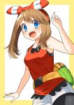  1girl :d absurdres bangs bare_arms bike_shorts blue_eyes blush bow_hairband breasts collarbone commentary_request eyelashes fanny_pack hairband hand_up highres light_brown_hair long_hair looking_at_viewer may_(pokemon) open_mouth pokemon pokemon_(game) pokemon_oras shirt shorts sleeveless sleeveless_shirt smile tongue white_shorts yuihico 