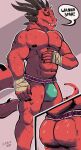  abs anthro biceps bodily_fluids bulge claws clothing dragon grin hand_wraps hi_res horn jockstrap lilshark looking_at_viewer male nipples pecs question scalie smile solo speech_bubble sweat tongue tongue_out underwear wraps yellow_sclera 