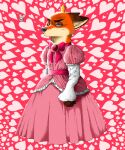  2021 absurd_res annoyed canid canine clothed clothing crossdressing diamond-apple disney dress fox fully_clothed fur heart_background hi_res judy_hopps lagomorph leporid mammal nick_wilde orange_body orange_fur rabbit red_fox standing zootopia 