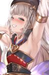  1girl aldehyde arm_up armpits bangs bare_shoulders beret black_headwear blunt_bangs blush braid breasts erune eyeliner granblue_fantasy hat heterochromia highres long_hair looking_at_viewer makeup multiple_braids pholia quad_braids short_eyebrows side_braids small_breasts smile thick_eyebrows 