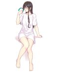  1girl alternate_costume aqua_eyes bare_legs barefoot black_hair collarbone full_body glasses green_hairband hair_between_eyes hairband highres holding kantai_collection long_hair ooyodo_(kancolle) shirt short_sleeves simple_background solo toes white_background white_shirt yuuji_(and) 