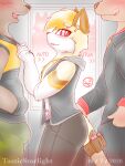  anthro blonde_hair domestic_cat felid feline felis group hair hi_res male male/male mammal public public_use red_eyes smile tail_bag tasticstarlight teasing train vehicle 