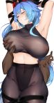  1girl absurdres ahoge bangs bare_shoulders black_legwear blue_hair blush breast_grab breasts cleavage collarbone ganyu_(genshin_impact) genshin_impact grabbing highres horns large_breasts long_hair low_ponytail maskwolf navel open_mouth pantyhose thighs 