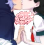  1boy 2girls beard black_hair double_v facial_hair head_out_of_frame holding_hands interlocked_fingers kiss kumoi_ichirin long_sleeves looking_at_viewer male_focus meimaru_inuchiyo multiple_girls murasa_minamitsu neckerchief purple_hair red_neckwear sailor_collar sailor_shirt shirt short_sleeves simple_background touhou unzan upper_body v white_background white_shirt yuri 