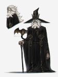  1boy beard black_headwear black_robe cane cobra_(animal) creature dated facial_hair full_body hat highres long_hair multiple_views old old_man original porforever signature simple_background snake white_background white_hair wizard_hat 