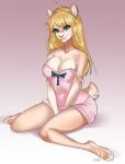  anthro artoria_(jl2154) blonde_hair breasts brown_body brown_fur cleavage clothed clothing fangs felid female fur green_eyes hair hi_res machairodontine mammal off_shoulder sabertooth_(anatomy) solo zhadart 