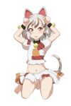  1girl :3 :d animal_ears bad_feet bangs barefoot bell black_collar blush bracelet cat_ears cat_tail cato_(monocatienus) collar commentary_request crop_top eyebrows_visible_through_hair flat_chest goutokuji_mike grey_hair groin hands_up highres jewelry jingle_bell kneeling looking_at_viewer midriff multicolored_hair navel open_mouth orange_eyes paw_pose puffy_short_sleeves puffy_sleeves shirt short_hair short_sleeves simple_background skirt skirt_set slit_pupils smile solo streaked_hair tail thighs touhou white_background white_shirt white_skirt 