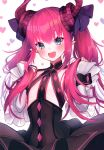  1girl absurdres blue_eyes blush breasts curled_horns detached_sleeves dragon_horns elizabeth_bathory_(fate) elizabeth_bathory_(fate)_(all) eyebrows_visible_through_hair fang fate/extra fate/extra_ccc fate/grand_order fate_(series) hair_between_eyes hair_ribbon happy highres horns long_hair long_sleeves looking_at_viewer open_mouth pink_hair pointy_ears purple_ribbon ribbon scan small_breasts smile solo suzuho_hotaru two_side_up white_sleeves 