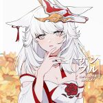  1girl absurdres animal_ears bangs bare_shoulders breasts character_request cleavage copyright_request detached_sleeves fox_ears fox_mask grey_background grey_eyes hand_up highres long_hair long_sleeves looking_at_viewer marknicht_(mihuashi) mask mask_on_head parted_lips silver_hair small_breasts solo strapless tubetop upper_body 