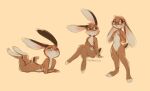  2021 anthro blush brown_body brown_fur cider_(ciderbunart) eyewear featureless_crotch female fur glasses hi_res lagomorph leporid looking_at_viewer lying mammal nude on_front rabbit rendoas signature simple_background sitting smile solo standing tan_background 