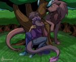  absurd_res ambiguous_creature ambiguous_gender anthro bottomwear clothing denim denim_clothing detailed_background dragon duo female fluffy forest forest_background hair hi_res hug human human_and_anthro jeans lizard long_tail male male/female mammal masterzoroark666 nature nature_background pants plant purple_hair reptile scalie shade_(disambiguation) shadow tree under_a_tree underneath 