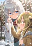  2girls animal arrow_(projectile) blonde_hair blue_eyes bow bunny elaina_(majo_no_tabitabi) elize_(majo_no_tabitabi) highres holding holding_animal horns kanaria_hisagi long_hair majo_no_tabitabi multiple_girls open_mouth outdoors petting silver_hair yellow_eyes 