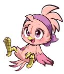  anthro avian bandanna beak bird blush breasts eyelashes feathers featureless_breasts female hi_res kerchief pink_body pink_feathers purple_eyes simple_background smile solo talons tongue uyu white_background winged_arms wings 