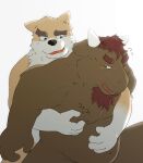  2009 anthro blush brown_body brown_fur canid canine canis domestic_dog duo fur humanoid_hands kemono male male/male mammal moob_grab overweight overweight_male yamacha012 