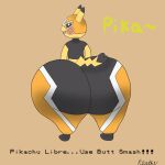  1:1 anthro big_butt butt clothing cosplay_pikachu_(costume) cute_face female hi_res huge_butt hyper hyper_butt looking_back nintendo pikachu pikachu_libre pok&eacute;mon pok&eacute;mon_(species) reathe smile smirk solo suit thick_thighs tight_clothing video_games 