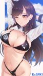  1girl arms_behind_head artist_name atago_(azur_lane) atago_(stunning_speedster)_(azur_lane) azur_lane bikini black_bikini breasts brown_hair ex_saki extra_ears hair_behind_ear highleg highleg_bikini highres large_breasts long_hair looking_at_viewer mole mole_under_eye official_alternate_costume one_eye_closed race_queen ribbon shrug_(clothing) skindentation sleeve_cuffs solo swimsuit white_ribbon 