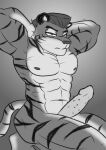  abs anthro biceps black_and_white digital_media_(artwork) erection felid feline flexing genitals hair hands_behind_head hi_res j&#039;mal_quinn joykill kneeling male mammal monochrome muscular muscular_anthro muscular_male nipples nude pantherine pecs penis solo stripes tiger waiting 