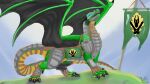  16:9 akeroh armor bed belly black_claws black_fin black_horn black_wings blue_eyes claws curved_horn digital_media_(artwork) digitigrade dragon feral fin furniture genitals green_body green_scales horn male membrane_(anatomy) membranous_wings multicolored_body paws penis scales two_tone_paws widescreen wings wolfywetfurr_(artist) yellow_belly yellow_body yellow_scales 