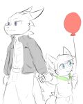  4:5 absurd_res anthro balloon blue_eyes bottomwear clothing dragon duo fur furred_dragon hand_holding hi_res hoodie horn jacket kairo_achell_(character) male minimal_color pants simple_background sketch topwear vennightsky vensicle vensicle_(character) young 