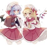  2girls alternate_costume backpack bag bag_charm bangs bat bat_wings blonde_hair blush bow buttons charm_(object) collar commentary_request cropped_legs crystal eyebrows_visible_through_hair flandre_scarlet frilled_skirt frills hat hat_bow holding_strap light_purple_hair long_sleeves looking_at_viewer looking_back multiple_girls necktie one_side_up open_mouth pleated_skirt puffy_sleeves red_bow red_collar red_eyes red_sailor_collar red_skirt remilia_scarlet sailor_collar school_uniform serafuku short_hair simple_background skirt sorani_(kaeru0768) touhou white_background wings yellow_neckwear 