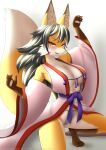  2020 anthro asian_clothing barefoot black_hair black_nose blush breasts brown_body brown_fur canid canine clothed clothing crouching faroula_twitt feet female fingers fluffy fluffy_tail fox fur hair hi_res long_hair looking_at_viewer mammal multicolored_body multicolored_fur open_mouth orange_body orange_fur smile solo underwear white_body white_fur yellow_eyes 