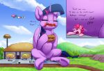  aircraft airship dialogue eating english_text equid equine eyes_closed food friendship_is_magic hair hasbro hi_res hooves horn horse ketchup macro mammal my_little_pony open_mouth pinkie_pie_(mlp) pony purple_hair text tomato_sauce tsitra360 twilight_sparkle_(mlp) winged_unicorn wings 