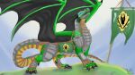  16:9 armor belly black_claws black_fin black_horn black_wings blue_eyes claws curved_horn digitigrade dragon fin green_body green_scales horn male membrane_(anatomy) membranous_wings multicolored_body scales two_tone_paws widescreen wings wolfywetfurr_(artist) yellow_belly yellow_body yellow_scales 
