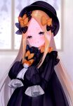  1girl abigail_williams_(fate) absurdres bangs black_bow black_dress black_headwear blonde_hair blue_eyes blush bow breasts closed_mouth dress fate/grand_order fate_(series) forehead hair_bow hat highres long_hair looking_at_viewer multiple_bows multiple_hair_bows orange_bow parted_bangs polka_dot polka_dot_bow ribbed_dress scan sleeves_past_fingers sleeves_past_wrists small_breasts smile solo suzuho_hotaru 