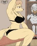  anthro armor breasts brown_eyes canid canine clothed clothing female fluffy fluffy_tail fur hair hi_res knightmoonlight98 mammal muscular muscular_anthro muscular_female partially_clothed simple_background sitting solo yellow_body yellow_fur 