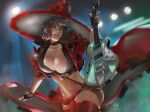  1girl black_hair breasts cleavage electric_guitar fingerless_gloves gloves guilty_gear guilty_gear_strive guitar hat highres i-no instrument jacket large_breasts midriff red_headwear red_jacket red_legwear reikakukoto short_hair thighhighs venus_symbol witch_hat 