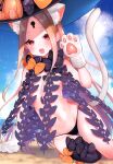  1girl :d abigail_williams_(fate) absurdres animal_ear_fluff animal_ears bangs beach black_bow black_headwear black_panties blonde_hair blue_sky blush bow cat_ears cat_girl cat_tail cloud cloudy_sky day fang fate/grand_order fate_(series) gloves groin hand_up hat hat_bow highres horizon kemonomimi_mode keyhole long_hair looking_at_viewer navel ocean open_mouth orange_bow outdoors panties parted_bangs paw_gloves paws red_eyes revealing_clothes sand sky smile solo stuffed_animal stuffed_toy suzuho_hotaru tail teddy_bear topless underwear very_long_hair water white_gloves witch_hat 