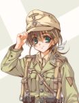  1girl afrika_korps ammunition_pouch belt_buckle blush bow brown_hair buckle epaulettes hair_bow hand_on_headwear hat load_bearing_equipment longmei_er_de_tuzi looking_at_viewer low_ponytail military military_uniform original pouch smile soldier uniform upper_body world_war_ii 