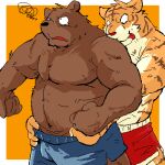  1:1 2008 anthro bodily_fluids brown_body brown_fur clothing duo felid fur himachi humanoid_hands kemono low_res male mammal overweight overweight_male pantherine simple_background tears tiger tongue tongue_out underwear ursid 