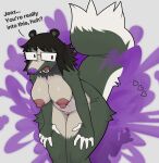  &lt;3 absurd_res ambiguous_gender anon anthro big_tail breasts decafbat dialogue eyewear eyewear_only fart fart_cloud fart_fetish farting_on_face fur glasses glasses_only green_body green_fur hi_res looking_at_another looking_back mammal mephitid nipples nude open_mouth purple_nose skunk sofia_(decafbat) solo solo_focus standing trans_(lore) trans_woman_(lore) 
