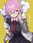  1girl animal_on_shoulder bangs black_dress blush collared_dress dress enomoto_hina fate/grand_order fate_(series) fou_(fate) glasses grey_jacket hair_over_one_eye hands_up jacket long_sleeves looking_at_viewer mash_kyrielight necktie open_mouth purple_eyes purple_hair red_neckwear simple_background smile solo upper_body yellow_background 