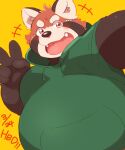  2021 96tning ailurid anthro brown_body brown_fur clothing cute_fangs fur hoodie kemono male mammal overweight overweight_male red_panda simple_background solo topwear yellow_background 