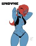  animal_humanoid dpronin female fish fish_humanoid flexing frill_(anatomy) front_view hair humanoid marine marine_humanoid midriff muscular muscular_female ponytail solo undertale undyne video_games 
