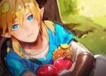  1boy against_tree apple bangs blonde_hair blue_eyes blue_tunic blush day fa8072 food fruit grass hair_between_eyes holding holding_food holding_fruit leaf link long_hair looking_at_viewer male_focus outdoors parted_lips pointy_ears shield sketch solo strap the_legend_of_zelda the_legend_of_zelda:_breath_of_the_wild tree 